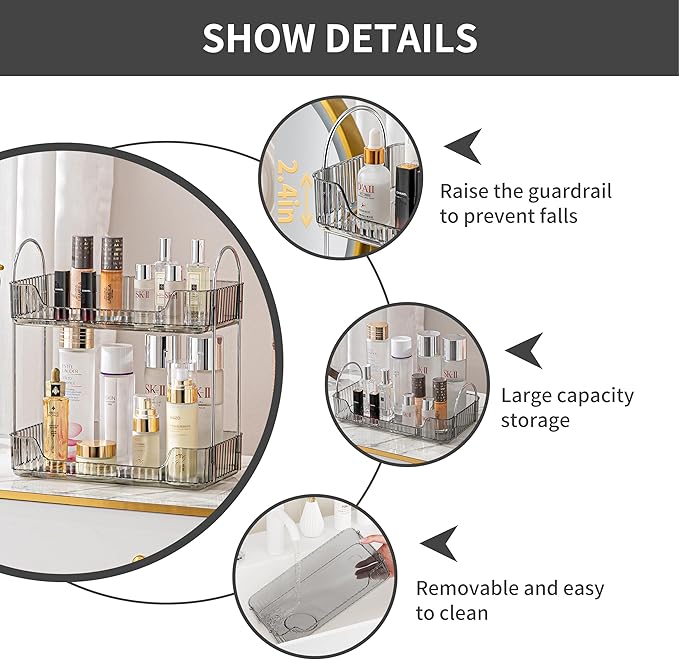 2 Tier Bathroom Organizer Countertop Makeup Perfume Skincare Organizer for Bathroom Dresser Vanity (Grey)