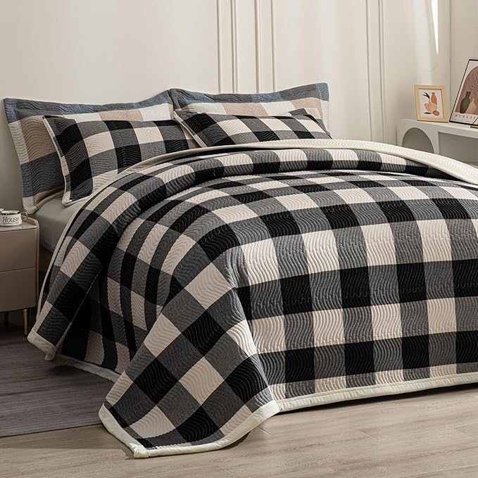 Cotton Plaid Quilt Set Queen 3 Piece Lightweight Reversible Bedding, Grid Black White