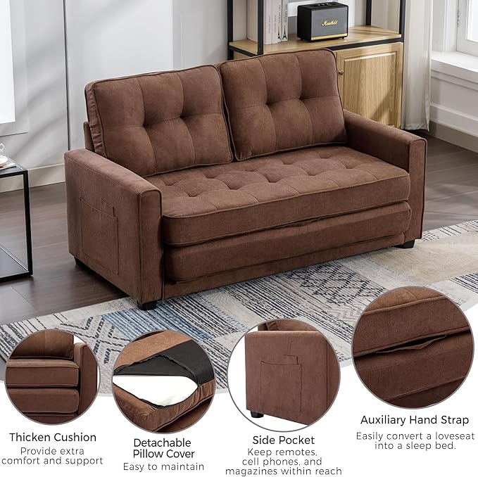 Modern Upholstered Futon Loveseat Convertible Sleeper Sofa Bed 3 in 1 Sofabed Lounge Chaise Daybed, Brown