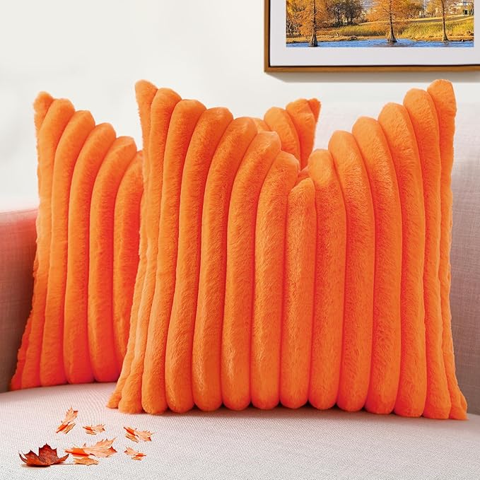 decorUhome Faux Fur Fall Throw Pillow Covers 26x26 Set of 2, Decorative Soft Plush Striped Neutral Euro Pillow Covers with Velvet Back for Bed, Living Room Home Decor, Orange