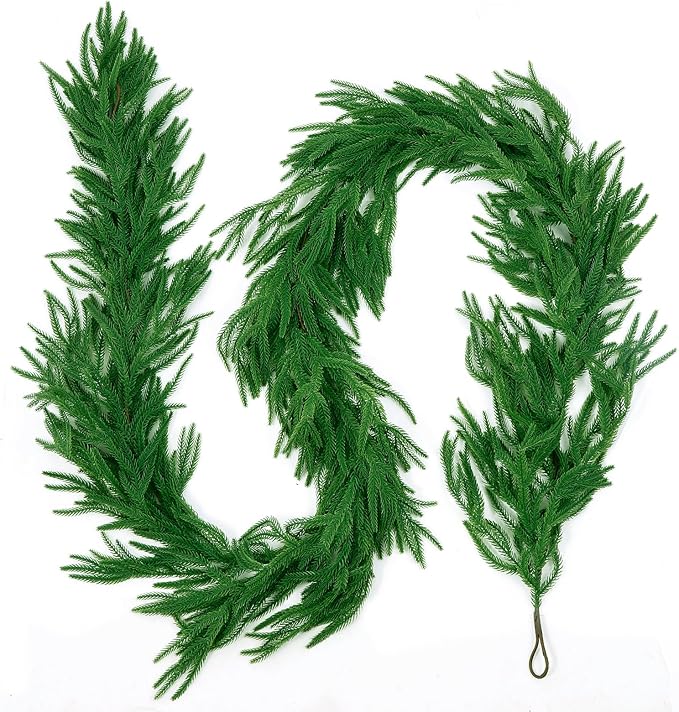 2Pcs 6 FT Artificial Norfolk Pine Garlands, Realistic Christmas Garland Thickness Real Touch Winter Greenery Garland for Table Mantle Wall Indoor Outdoor Christmas Decor
