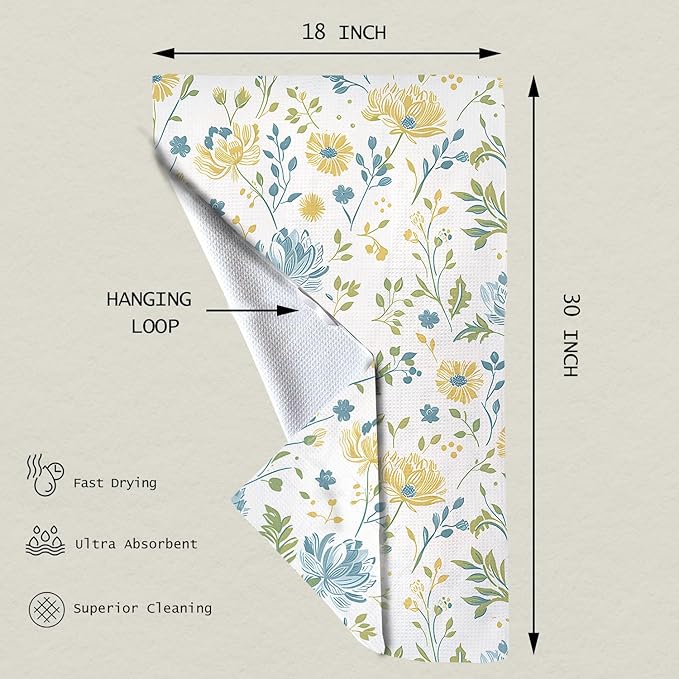 Eunzel Kitchen Tea Towel Quick Dry Microfiber Dish Towels with Hanging Loop, Serene Meadow Blooms