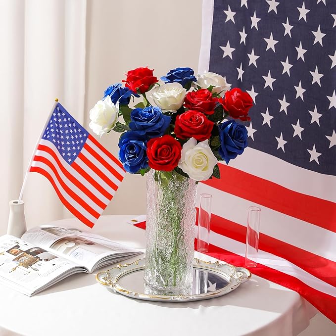 Nubry 50pcs Artificial Silk Roses Bulk,Fake Roses Flower with Stems Realistic Flowers for Wedding Centerpiece Home Party Decor(Red,White,Blue)