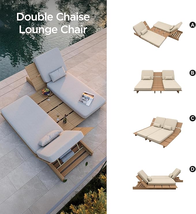 Acanva Set of 2 Patio Chaise Lounge Outdoor Chair with Comfy Cushion, Aluminum Reclining Outdoor Chairs with 5-Position Adjustable, for Poolside, Balcony, Yard, Teak+Light Khaki, 2 pcs