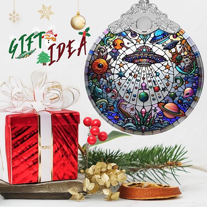 Stained Glass UFO and Alien Christmas Ornament - Holiday Home Decor - Tree Decoration - Gift Exchange Idea