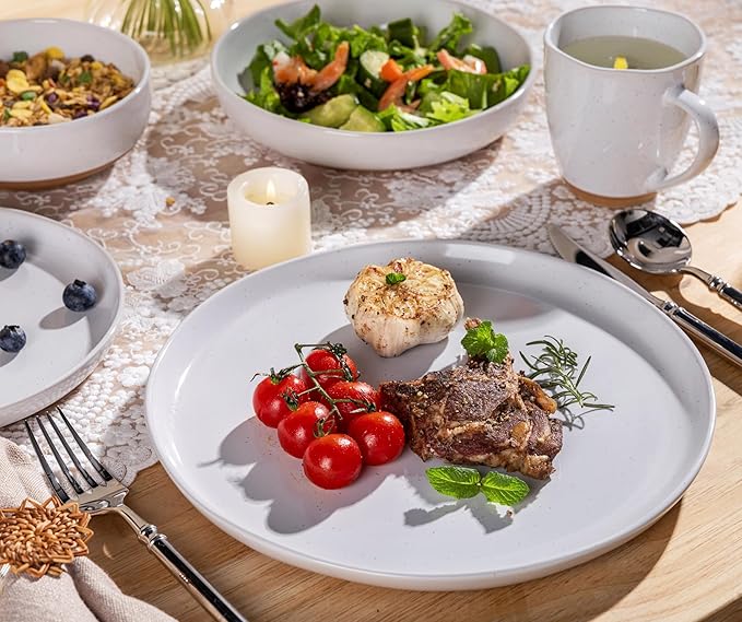 AmorArc 32 Pieces Ceramic Dinnerware Sets for 8, Handpainted Plates and Bowls Set with Rustic Terracotta Underside, Scratch Resistant Stoneware Dishes Set, Dishwasher & Microwave Safe, White