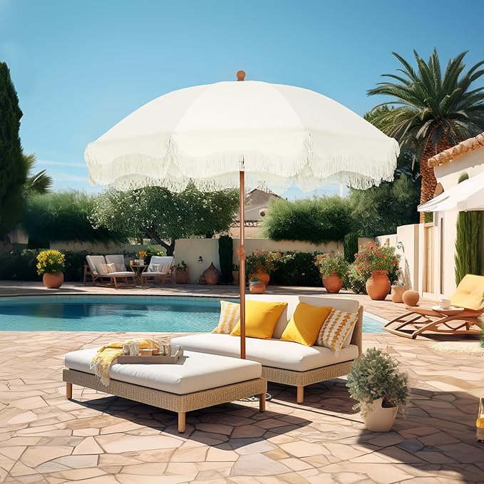 PHI VILLA 7ft Beach Umbrella with Fringe & Sand Anchor, Outdoor Patio Heavy Duty Windproof Portable Tassel Umbrellas for Sand with Push Button Tilt & Carrying Bag, UPF 50+, White(No Base)