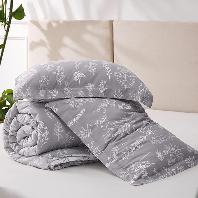 Bedsure Full Comforter Set - Grey Bed Set, 3 Pieces Cute Floral Bedding, 1 Soft Reversible Botanical Flowers Comforter and 2 Pillow Shams