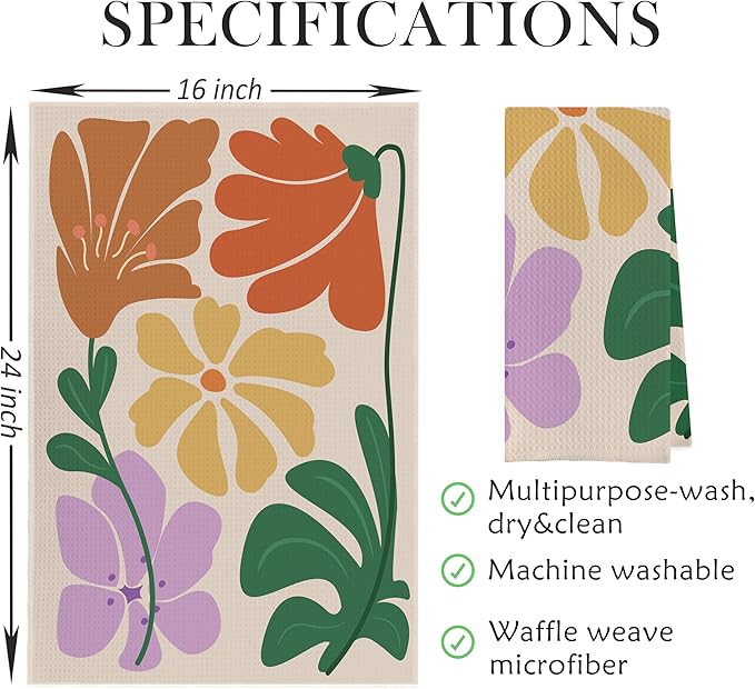 Boho Floral Dish Towels Vintage Abstract Flowers Waffle Weave Colorful Flower