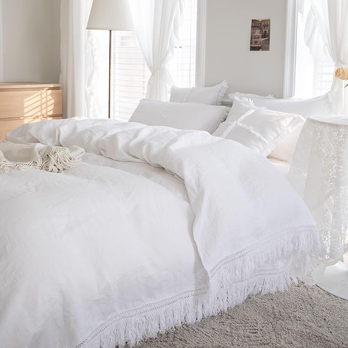 Simple&Opulence 100% Linen Boho Duvet Cover,3pcs Bohemian Textured Collection Bedding Set for All Seasons,French Country Comforter Cover Set with Pillow Shams(Full, Tassel-White)