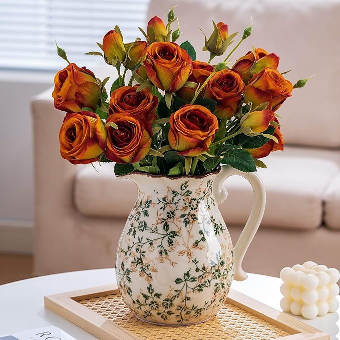 Green and White Vintage Vase with Handle, Chinoiserie Floral Pitcher Vase, Rustic Ceramic Farmhouse Vases for Home Decor, Living Room, Bookshelf, Office, Grand Millennial Decors, Tuscan Decor 7.9 Inch