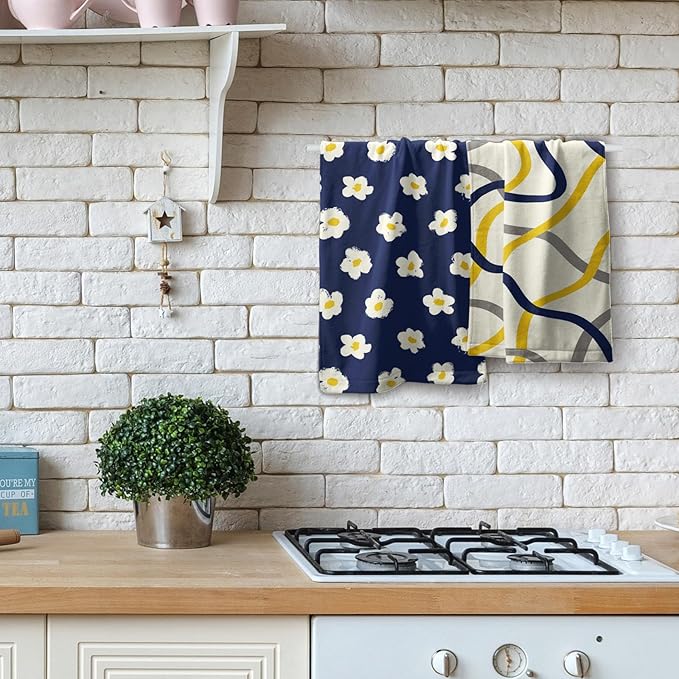 Modern Kitchen Towels Set of 2 Navy Yellow Grey Geometric Stripe Microfiber