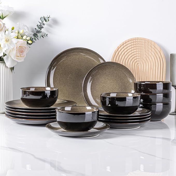 LERATIO Ceramic Dinnerware Sets for 8,Stoneware Plates and Bowls Sets,Handmade Reactive Glaze Dishes Set,Chip Resistant and Scratch Resistant | Oven&Dishwasher & Microwave Safe-Espresso Brown(24PCS)