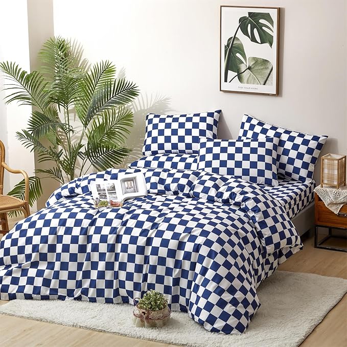 CLOTHKNOW Plaid Twin/Twin XL Comforter Sets Blue White Bedding Comforter Sets Royal Blue White Bed Comforter Blue Bedding Sets Soft