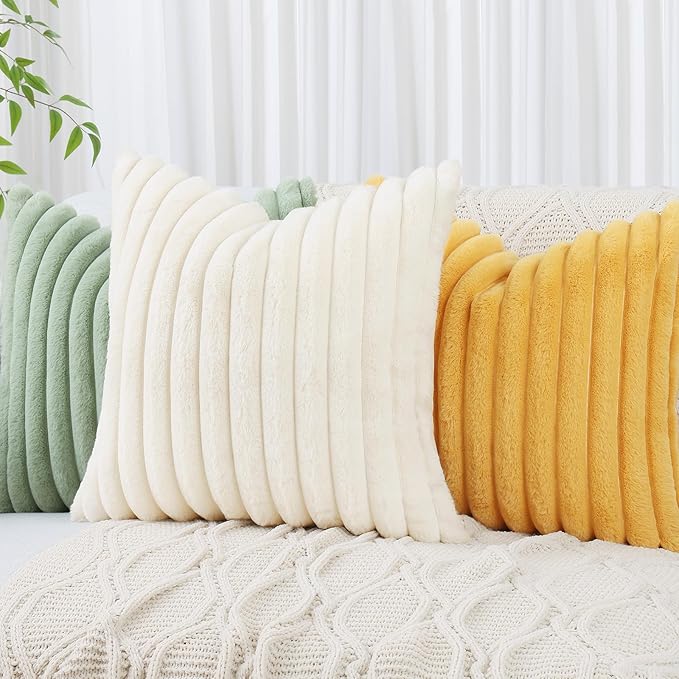 decorUhome Faux Fur Christmas Throw Pillow Covers 12x20 Set of 2, Decorative Soft Plush Striped Neutral Euro Pillow Covers with Velvet Back for Bed, Living Room Home Decor, Cream White