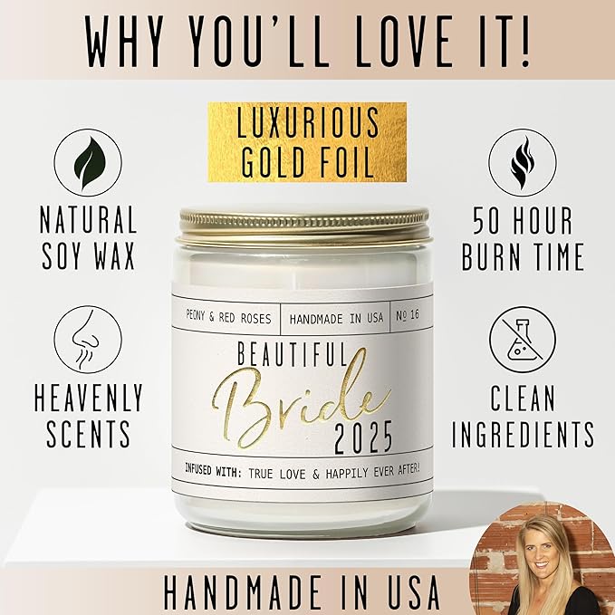 Bridal Shower Gifts, Bride Gifts for Bride to Be - 'Beautiful Bride 2025' Soy Wedding Candle, w/Peony Wedding Bouquet - infused w/Essential Oils I Bachelorette Gifts for Bride I 50Hr Burn, USA Made