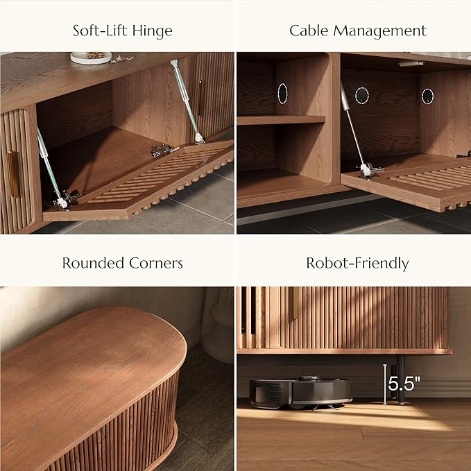 POVISON Fully-Assembled Mid Century Modern TV Stand for 75+ inch TV, Sliding Door Entertainment Center with Storage, Wood TV Console, Media Console for Living Room Bedroom(Walnut, 94.49")