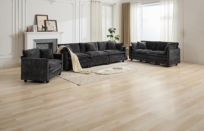 SoarFlash Chenille 71.6" Sectional Sofa, Comfy L Shaped Modular Coush Sofa with Ottoman, Modern 2 Seat Couch Deep Seat Sofa Set for Living Room,Black