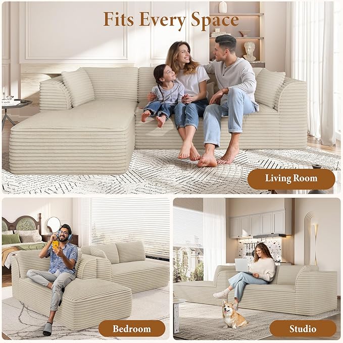 Vesgantti 106" Boneless Couch with Chaise, Deep Seat Comfy Cloud Modular Sofa Corduroy Sectional Couches for Living Room Bedroom, No Assembly Required (Camel, Left-Facing Chaise)