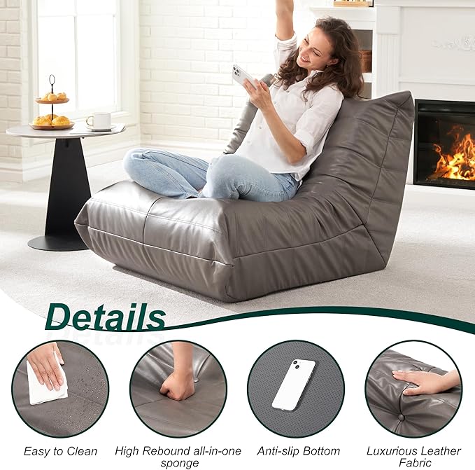 Hobestluk Giant Bean Bag Chair Lazy Floor Sofa, Fireside Sofa for Adults, Big Beanbag Faux Leather Armless Chair for Living Room Bedroom Dorm Office (Grey, Single)