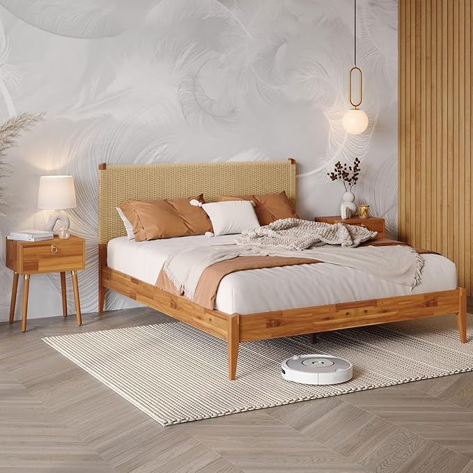 Bme Selina Headboard Queen Size Bed Frame - Handcrafted Paper Cord Headboard, 12-Slat Support, No Box Spring Needed - Easy Assembly, Caramel
