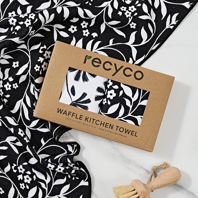 RECYCO Waffle Kitchen Towels Set of 2 Quick Dry Microfiber Sustainable Lightweight Hand Towels Black White Florals 16x28