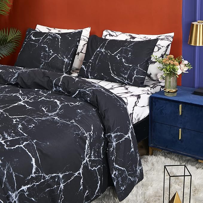 CLOTHKNOW Black White Grey Full Size Comforter Sets Marble Bedding Comforter Sets Soft All Season Black Comforters with 2 x Pillow Cases