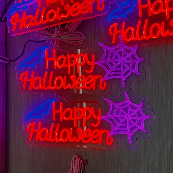 Happy Halloween Neon Sign, Halloween Hanging Neon Sign for Bat Neon Light Halloween Bedroom Kids Room Bar Club Decoration Gift Seasonal Outdoor Party Backdrop Haunted House Decor Banner