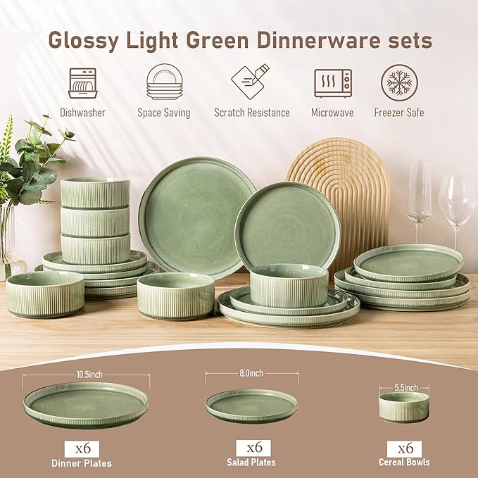 GBHOME Stoneware Dinnerware Sets for 6,Round Reactive Glaze Ceramic Plates and Bowls Set,Highly Scratch Resistant | Dishwasher & Microwave Safe Dishes Set,Service for 6(18Pcs)