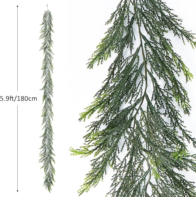 Artificial Christmas Garland Decoration 5.9 Ft Norfolk Pine Garland Winter Garland for Fireplace Stairs Cabinet Home Table Outdoor Snow Style Decor (1 Pc)