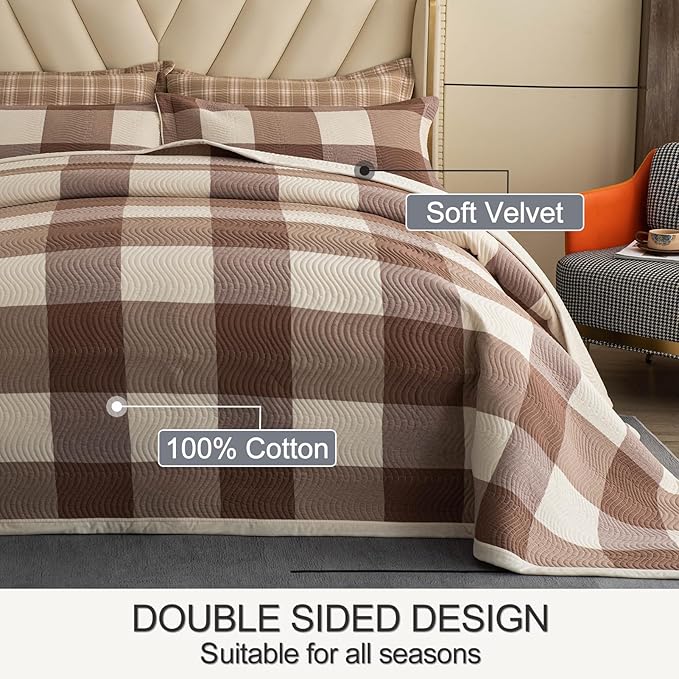 Cotton Plaid Quilt Set Queen 3 Piece Reversible Bedding, Grid Coffee