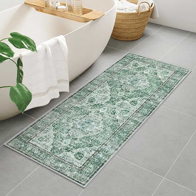 Uphome Bathroom Runner, Distressed Tribal Farmhouse Green Bathroom Mat, Large Bathroom Rugs Non Slip Washable, Oriental Retro Boho Bath Mat Runner for Bathtub Sink Laundry, 24x59 inch