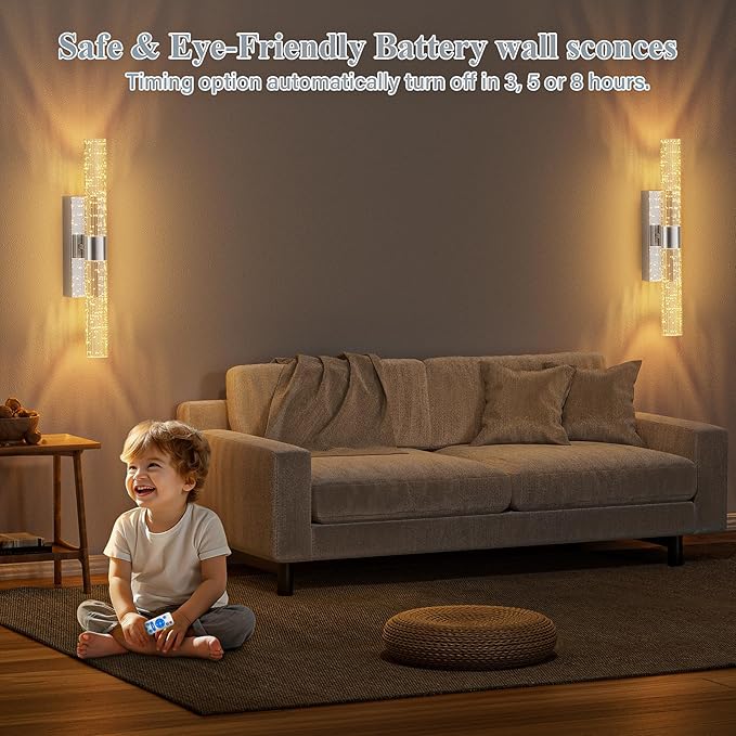 camuucci Battery Operated Sliver Wall Sconces Set of 2 Rechargeable Battery Powered Wall Light with 12000mAh Not Hardwired Dimmable Wall Lamp Fixtures for Bedroom Living Room 20.9 Inches