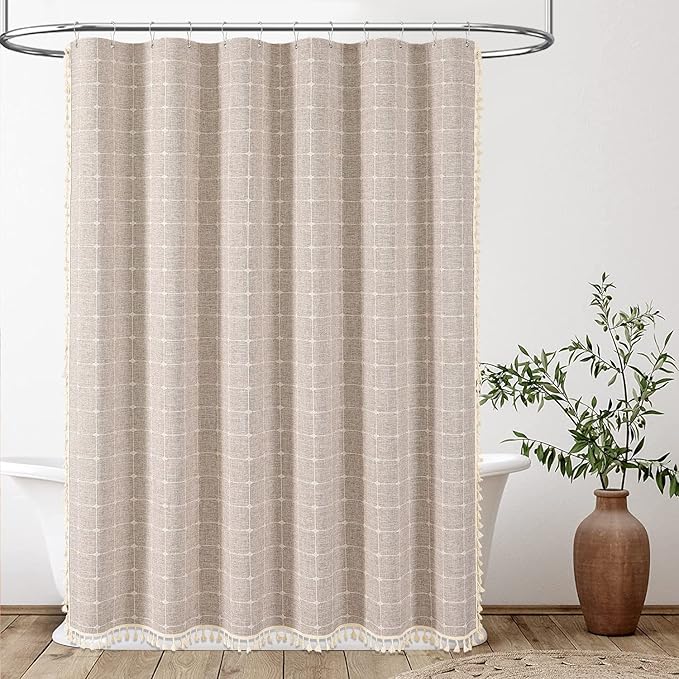 BTTN 78 Inch Long Shower Curtain - Boho Linen Thick Fabric Shower Curtain Set with Plastic Hooks, Tall Rustic Modern Farmhouse Country Heavy Duty Cloth Shower Curtains for Bathroom - Tan/Taupe, 72x78