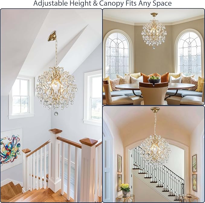 Bestier Modern Gold Pendant Chandelier Crystal Raindrop Lighting Ceiling Light Fixture Lamp for Dining Room Bathroom Bedroom Livingroom entryway 3 E12 Bulbs Required D16 in x H18 in