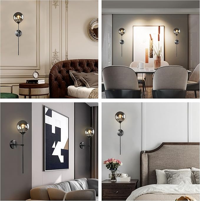 KCO Lighting Modern Smoke Grey Glass Globe Wall Sconce Black Matte Slim Wall Sconce Long Slim Wall Mount Light Vintage Industrial Wall Lamp for Hallway Stairs Bathroom