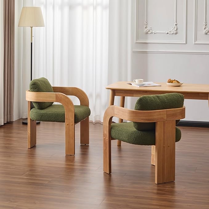 Christopher Knight Home Yorick Modern Boucle Dining Chair Set of 2 with Cushion, Solid Wood Dining Room, Curved Backrest Kitchen Side Chair, Living Room Comfy Extra Seat, Natural+Green