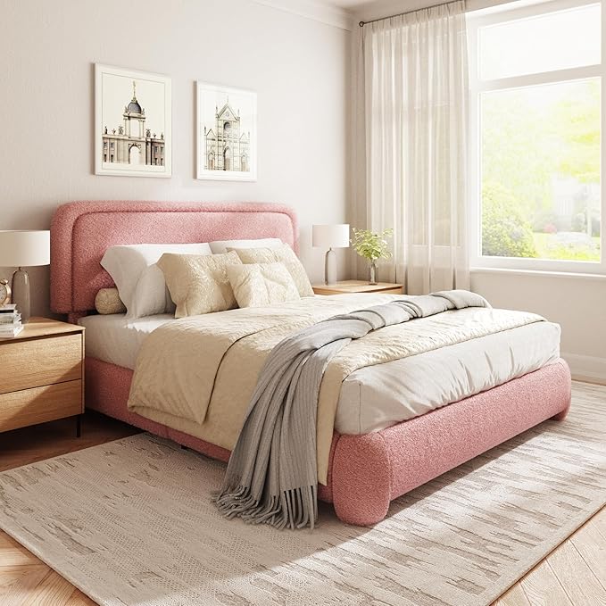 Queen Size Boucle Bed Frame, Cloud Upholstered Platform Bed with Height Adjustable Headboard & Soft Rounded Corners, No Box Spring Needed, Noise Free, Easy Assembly, Pink
