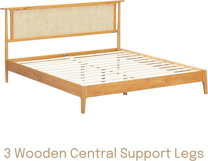 NTC Ruby Wooden Bed Frame with Headboard and Natural Rattan, Solid Oak/Rubber Wood Foundation with Silent Slats, 1000 Lb Capacity, Effortless Assembly (Natural Cane - Rustic Oak, King)