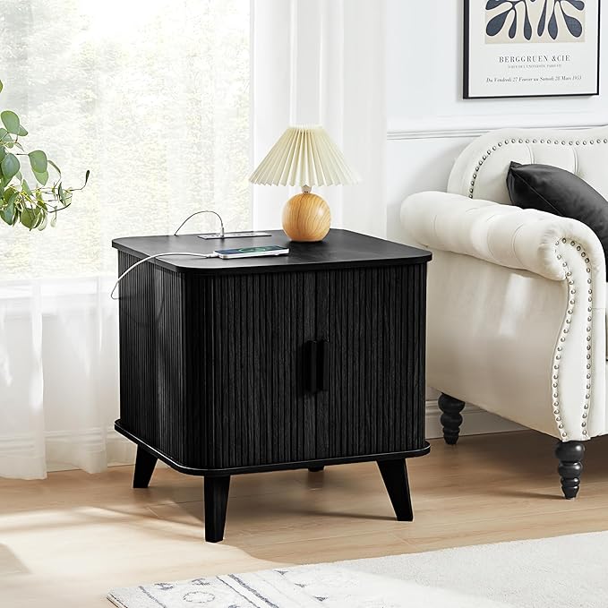24 Inch Wood Nightstands Set of 2, Mid-Century Modern End Table with Charging Station 2AC+3USB, BedSide Table with Storage & Sliding Door (2XSquare, Black)