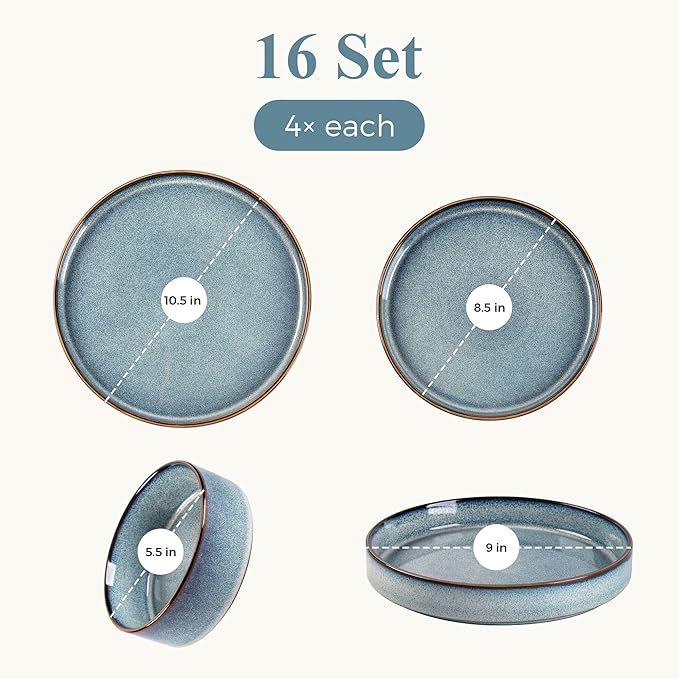 GBHOME Ceramic Dinnerware Sets With Double Bowl for 4, 16 Pieces Stoneware Plates and Bowls Set, Reactive Glaze Dishes -Scratch Resistant, Dishwasher&Microwave Safe