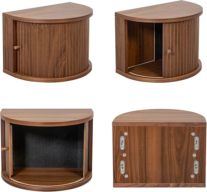 WERMO 16'' Floating Nightstand with Storage and Sliding Door End Table - Floating Side Table for Living Room, Bedroom and Office. Mid Century Modern Nightstand Wood, Bedside Shelf Wall Mount (Walnut)