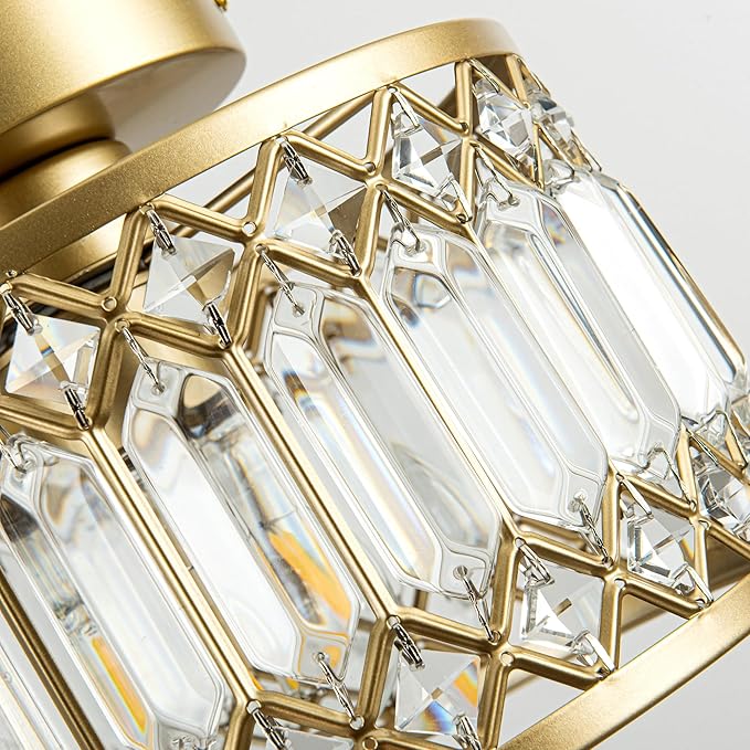 Crystal Ceiling Light, Modern Semi Flush Mount Ceiling Light, Gold Crystal for Kitchen Bedroom Bathroom Entryway (Bulb not Included)