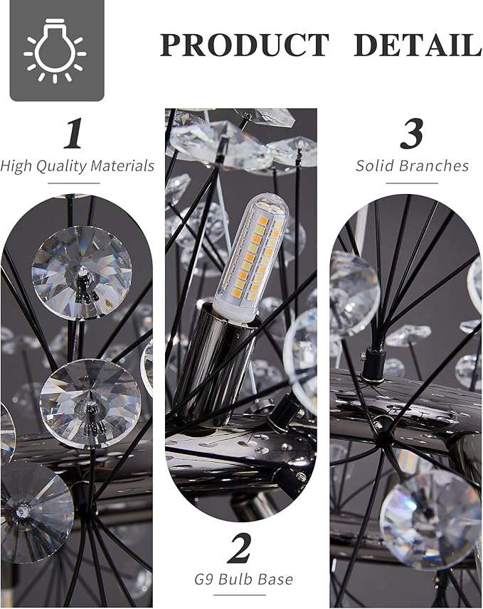 Modern Firework Chandelier, Farmhouse Black Crystal Round Dandelion Sputnik Chandeliers, 31.5" Contemporary 20-Light Pendant Hanging Lighting for Dining Room Kitchen Bedroom Living Room
