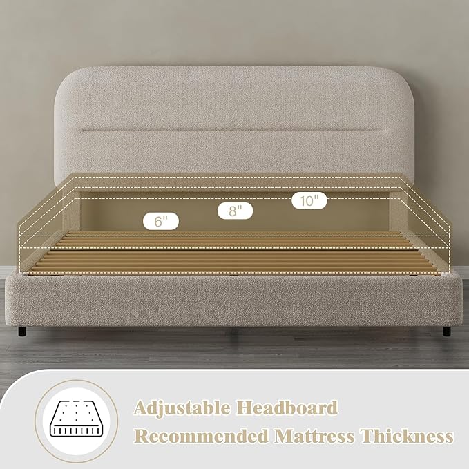 King Size Boucle Bed Frame, Upholstered Cloud with Headboard, Soft Platform with Thickened Footboard, Rounded Corners, No Box Spring Required, Easy Assembly, Cream
