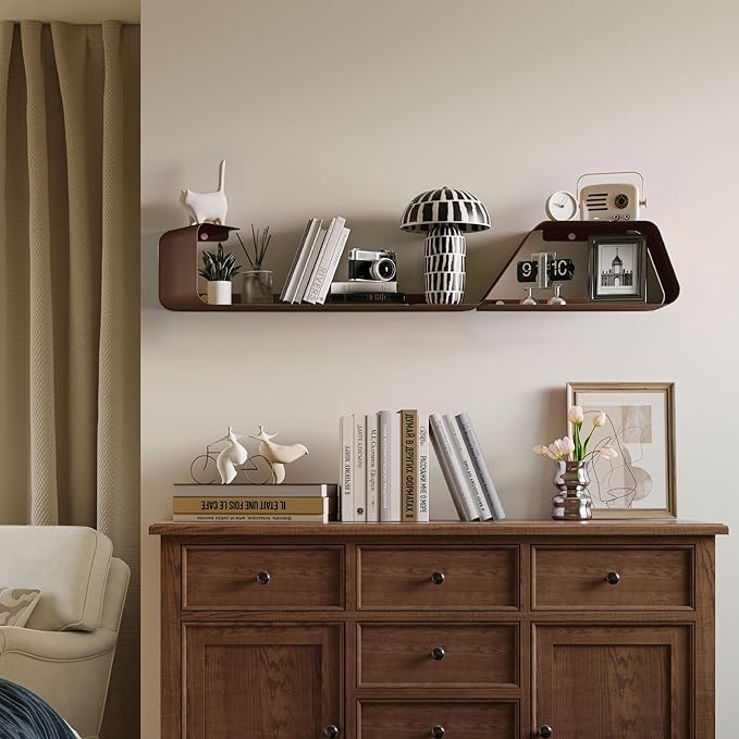 Floating Wall Shelves Set of 3, Metal Mounted Shelf with Unique Design, Bookshelf for Storage & Display in Bathroom, Bedroom, Kitchen, Living Room, Brown Home Decor