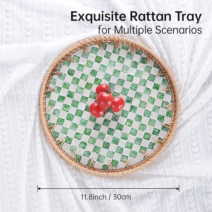 Round Rattan Tray with Mother of Pearl Inlay, Rattan Serving Tray for Coffee, Bread, Fruits, Decorative Wicker Tray for Table Decor, Home Decor, Kitchen Island Decor(Green Checkerboard, 11.8")