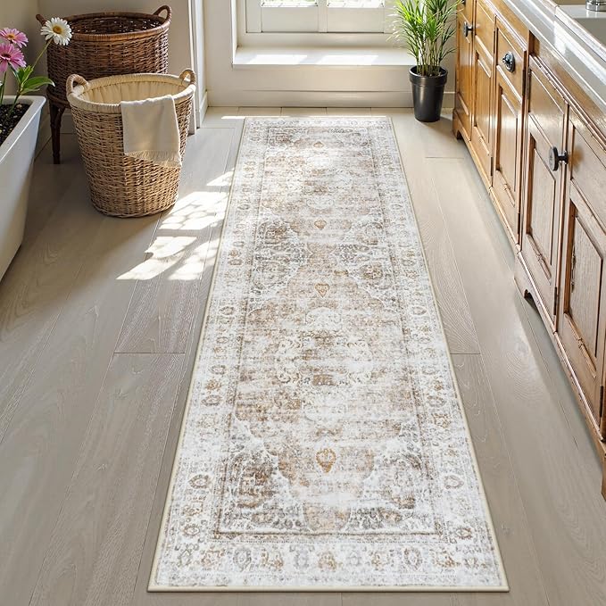Uphome Bathroom Runner Rug, Distressed Tribal Farmhouse Light Khaki Bathroom Mat, Large Bathroom Rugs Non Slip Washable, Oriental Retro Boho Bath Mat Runner for Bathtub Sink Hallway, 24x71 inch