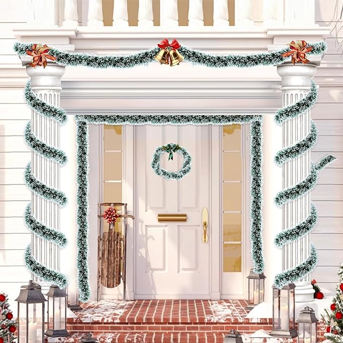 50 Feet Green White Christmas Tinsel Garland Metallic Twist Shiny Garland for Christmas Tree Decorations, Xmas Hanging Decor Xmas Tree Decor for Home Office Mantle Indoor Outdoor Holiday Party