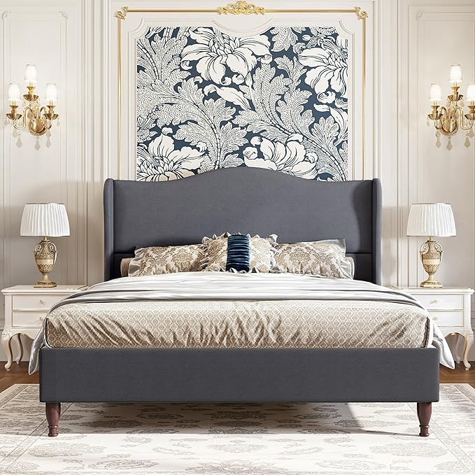 King Size Bed Frame Upholstered Platform Bed with 51" Tall Headboard Wingback, Soft Fabric, Retro Simple Style Platform Bed No Box Spring Needed, Easy Assembly, Grey